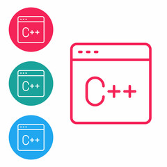 Red line Software, web developer programming code icon isolated on white background. Javascript computer script random parts of program code. Set icons in circle buttons. Vector
