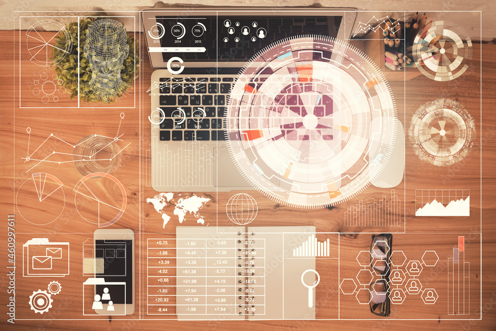 Poster double exposure of data theme drawing hologram over topview work table background with computer. con