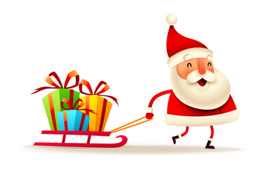 Christmas character - Santa Claus pulling a sled with Christmas gift box presents on white background. Isolated.