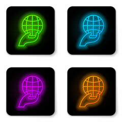 Glowing neon line Human hand holding Earth globe icon isolated on white background. Save earth concept. Black square button. Vector