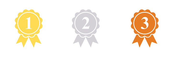 Rosettes of gold, silver and bronze dog ribbon awards for 1st, 2nd, and 3rd place winners.