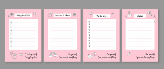 Daily planner lists set. Cute girl hand drawn to do list, dreams and ideas organizer, shopping list, notes. Reminder notebook blanks. Outlined doodle icons design. Pink and black color palette.
