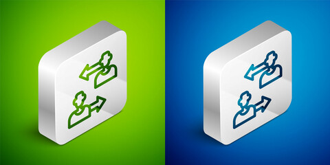 Isometric line Substitution football player icon isolated on green and blue background. Players exchange in association soccer. Silver square button. Vector