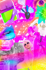 Contemporary minimal collage wallpaper.  Stylish disco clubbing moodboard. Fashion party 90s girl...