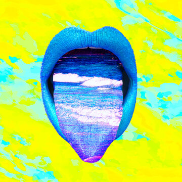 Contemporary minimal pop surrealism collage art. Sensual lips with ocean waves tongue. Abstraction concept.