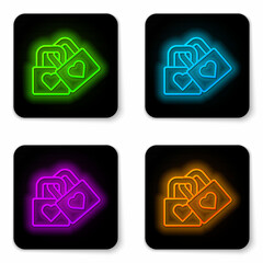 Fototapeta premium Glowing neon line Lock with heart icon isolated on white background. Locked Heart. Love symbol and keyhole sign. Valentines day symbol. Black square button. Vector