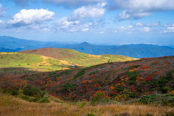 宮城県栗原市、秋田県湯沢市、雄勝郡東成瀬村、岩手県一関市にある栗駒山を紅葉の時期に登山する風景A view of climbing Mt. Kurikoma in Kurihara City, Miyagi Prefecture, Yuzawa City, Akita Prefecture, during the autumn foliage season.