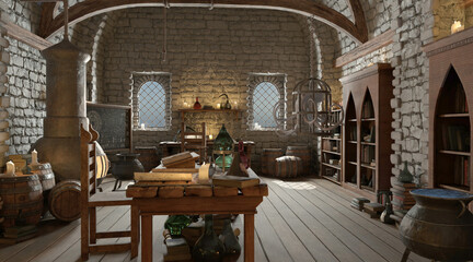 Fantasy alchemy laboratory 3d illustration