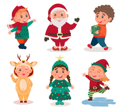 cute kids in Christmas costumes of a tree, deer, elf. the child carries gifts, waves his hand, skates. Santa Claus. set of christmas characters