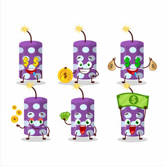 Obraz premium Purple firecracker cartoon character with cute emoticon bring money