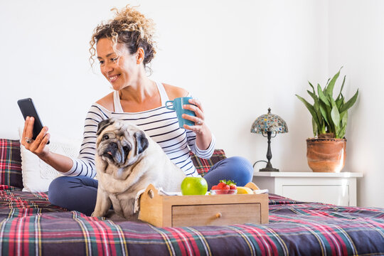 Woman using mobile phone while sitting with pug on bed