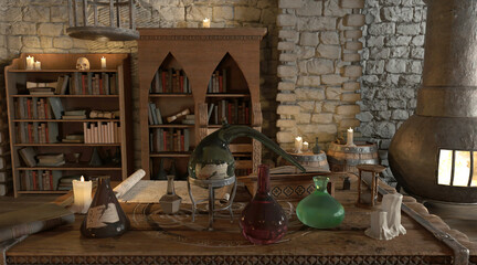 Fantasy alchemy laboratory 3d illustration