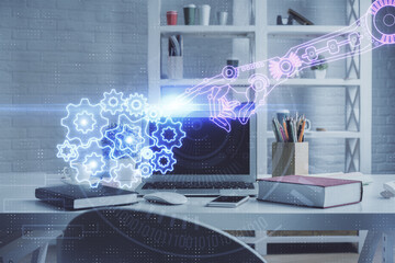 Double exposure of data theme drawing and office interior background. Concept of technology.