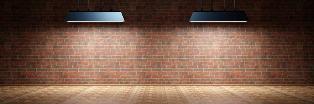 Three dimensional render of two light fixtures illuminating empty room with brick wall