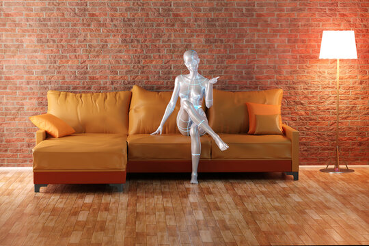 Three dimensional render of gynoid relaxing on sofa in living room