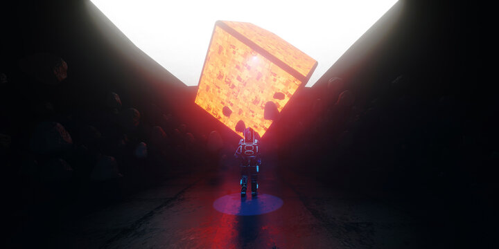 Three dimensional render of astronaut discovering large levitating cube