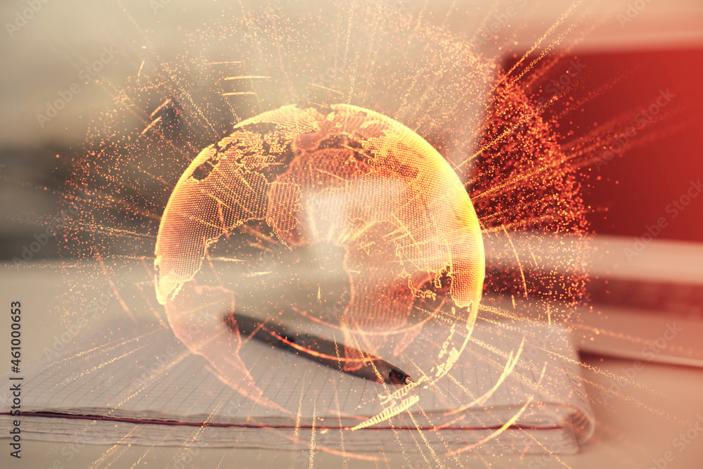 Aufkleber double exposure of social network theme drawings and desk with open notebook background. concept of 