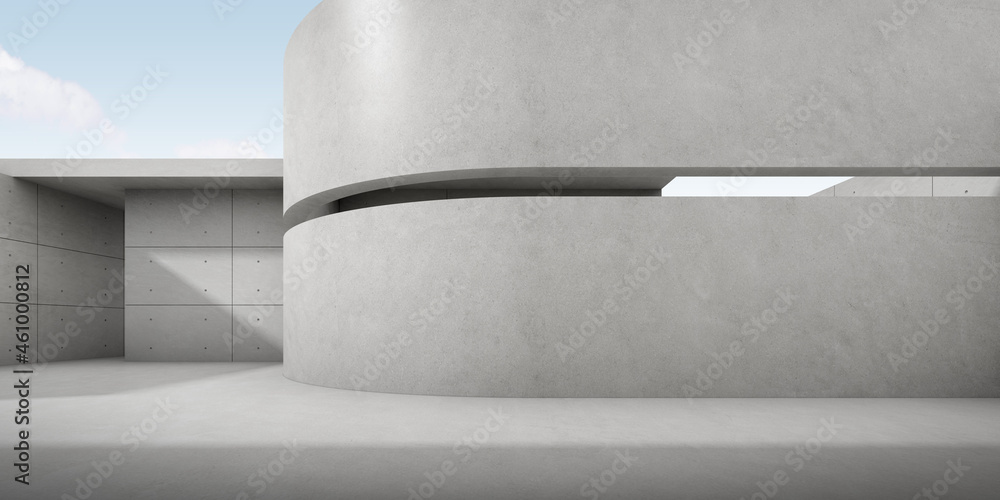 Poster 3d rendering of empty concrete room with light and shadow on the curve wall.