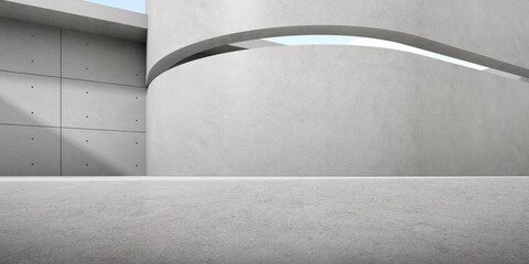 3d rendering of empty concrete room with light and shadow on the curve wall.