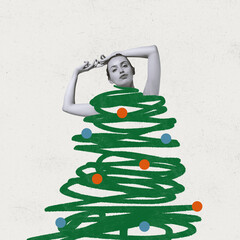 Contemporary art collage. Design for postcard for New Year and Christmas 2022, Young woman wearing outfit like christmas tree