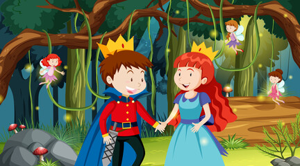 Fantasy forest scene with prince and princess