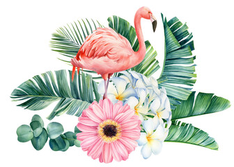 Watercolor tropical leaves, flowers and birds. Botanical Illustration plumeria, orchid and flamingo bird, poster