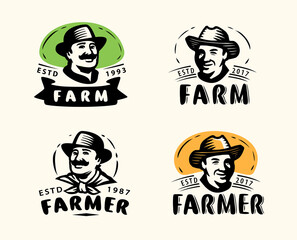 Portrait of happy farmer in hat, logo. Farm, agriculture set of labels vector illustration