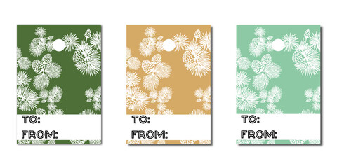 Tags for christmas gifts. Cards for wrapping New Year's gifts in the style of a doodle. Green, beige, blue.
