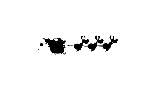 Silhouettes Of Santa Claus And His Reindeer Sleigh In Christmas Night. 4K Animation Video Motion Graphics With Black Background