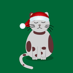 santa claus cat with christmas tree.Cute cat in red Santa hat.Flat design. White background. Vector.cartoon character. christmas card.Holiday