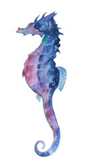 Seahorse watercolor illustration in the ocean underwater. Undersea world. Fairy tale