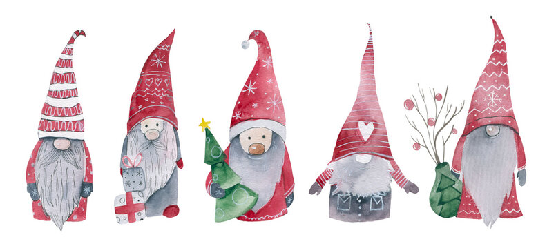 Watercolor christmas gnomes nordic illustration banner design cute gnome for Christmas and New year