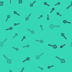 Black line Honey dipper stick icon isolated seamless pattern on green background. Honey ladle. Vector