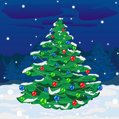 Christmas illustration with fir tree and snow. Christmas tree with many decorations, toys. Merry Christmas and Happy New Year, illustration for greeting cards. New Year's illustrations. Vector drawing