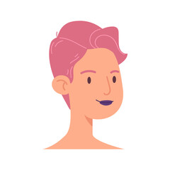 Cartoon face of a young woman. The head of an informal girl with pink short hair and dark lipstick. Female avatar illustration vector isolated on white background.
