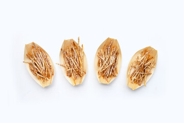 Fried taro sticks on white background.