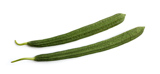Fresh luffa vegetables on white background.