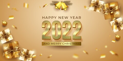 Happy new year and merry christmas banner with multiple gift box