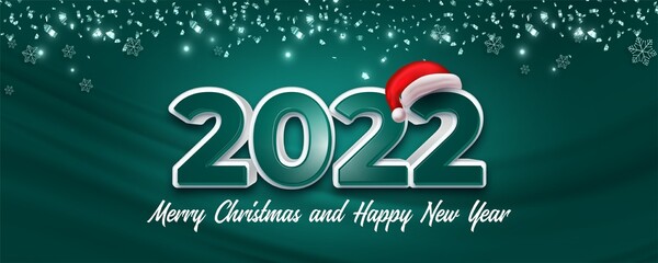 Happy new year and merry christmas message design with snowflakes and confetti background concept
