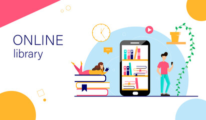 Online library. Cartoon characters are reading books. Online education concept. Landing page template.  illustration in a flat style.