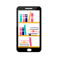 illustration of a phone with shelves of books on the screen. Design for the application, online education or library.