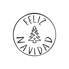 Banner con frase FELIZ NAVIDAD en español manuscrito con árbol de navidad con bolas en círculo en color negro