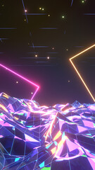 3d rendered vertical neon glossy terrain with glowing tubes and stars.