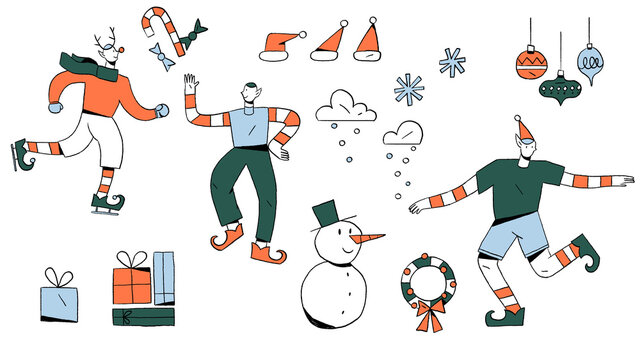 Elves, Snowman, and other Christmas related icons and hand-drawn festive illustrations