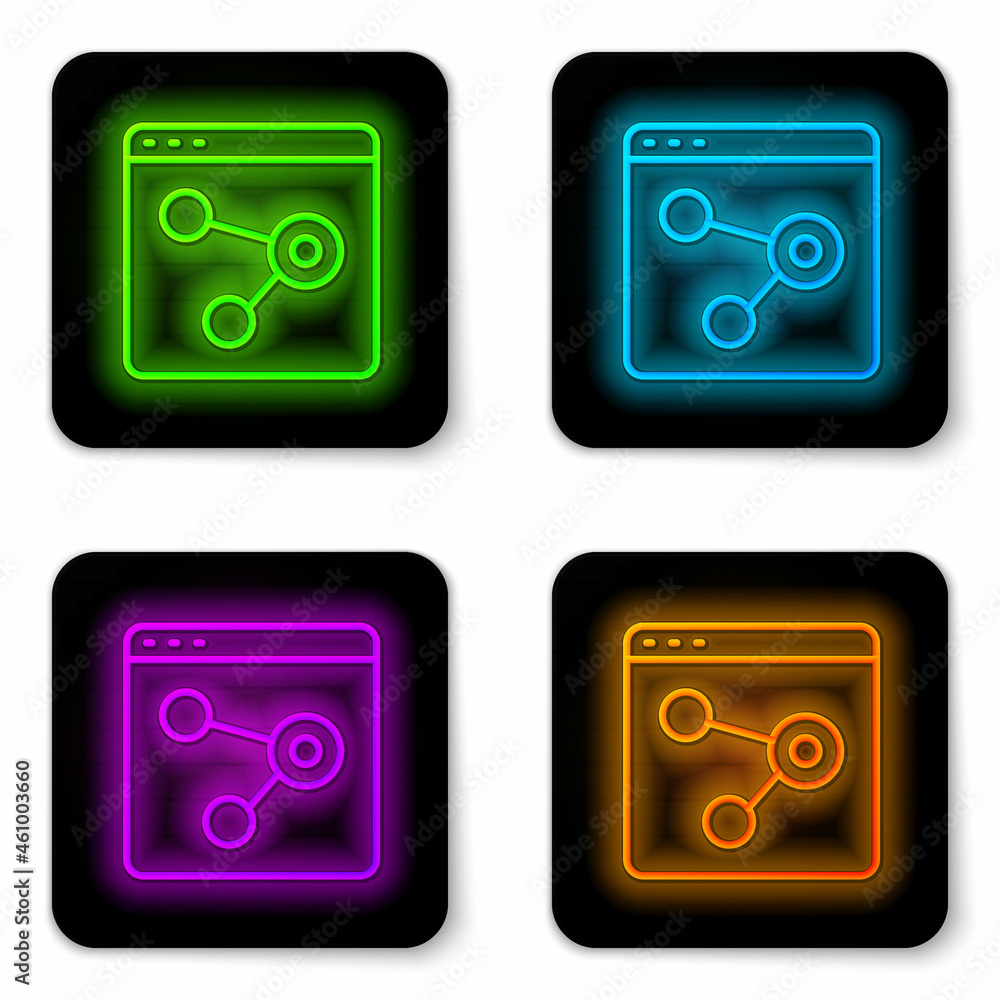 Aufkleber glowing neon line browser window icon isolated on white background. black square button. vector