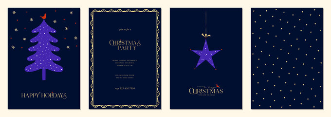 Obraz na płótnie Canvas Merry and Bright Corporate Holiday cards. Universal abstract creative artistic templates with Christmas Tree, birds, modern frame and background.
