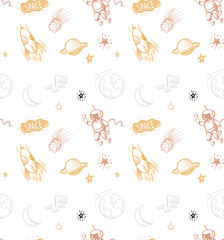 Seamless pattern with doodles cartoon set of space