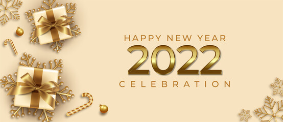Fototapeta na wymiar Happy new year 2022 realistic banner with christmas element decoration