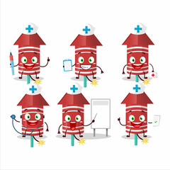 Fototapeta premium Doctor profession emoticon with red rocket firework cartoon character