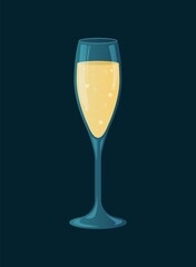 Glass of champagne with sparkling bubbles on a dark background. Happy new year. Vector illustration.